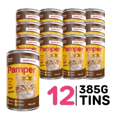 Pamper Saucy Mince Steak Wet Cat Food 385gm x 12