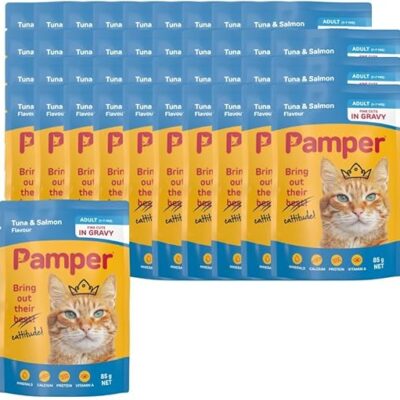 Pamper Wet Cat Food Pouches (36 x 85g) Tuna and Salmon
