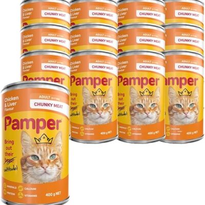 Pamper Adult Chicken and Liver Flavour Chunky Meat (12 x 400g) Wet Cat Food Cans