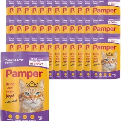 Pamper Wet Cat Food Pouches (36 x 85g) Turkey and Liver